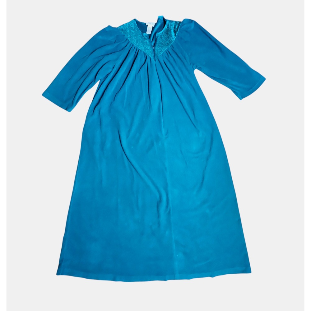 Vintage 1980s Vanity Fair Velour Housecoat Robe L Teal Retro Granny Grandmacore